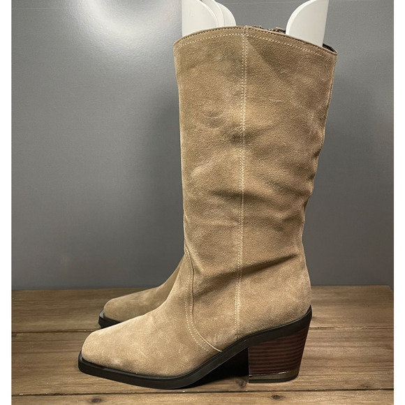 Vince Camuto Women's Babellie Mid Calf Boots Size 9 Taupe Suede Cowboy Western - Picture 7 of 16